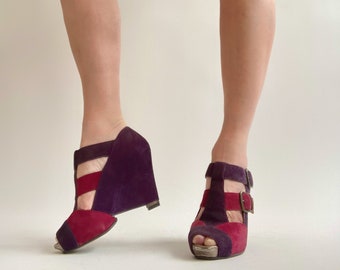 Pink and Purple Suede Platform Wedge Sandals Size 6.5 Y2K does 70’s Glam Rock