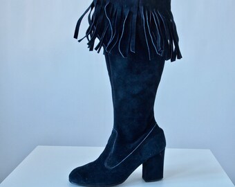 60's/70's Blue Suede Boots Knee High Go Go Fringe Top Side Zipper size 7 Made in Italy 3 Inch Heels