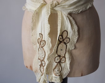 Czechoslovakia Belt Sash Folk Costume Cream Cotton Crochet Lace with Gold Metallic Braid Trim and silver Florettes