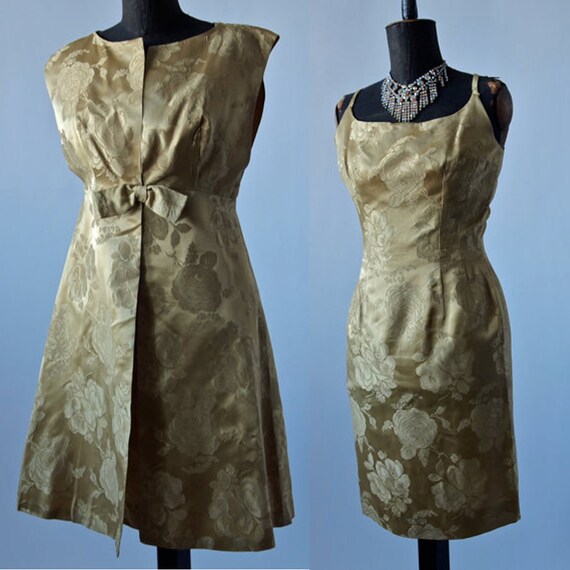 50's Dress Set Gold Brocade Wiggle Satin Brocade … - image 6