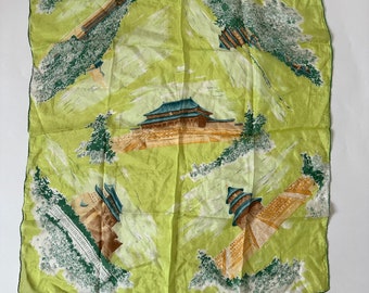 Vintage 1940's/50's Novelty Chinese Temples Architecture Scarf Silk