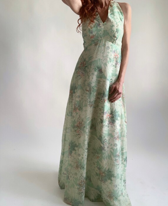 Breathtaking Ethereal 70s Soft Minty Hued Floral Cotton Maxi Dress