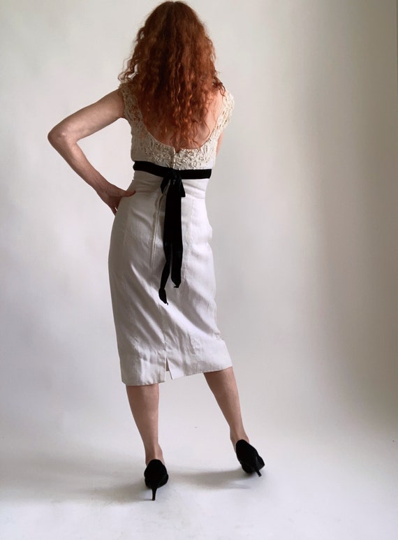 White 1950 s Linen Sundress Wiggle Dress Lace Bodice Rhinestones 27 Inch Waist Etsy UK
