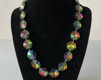 1970’s Prism Crystal Czech Vitrail Glass Silver Backed Necklace or Chandelier Strand