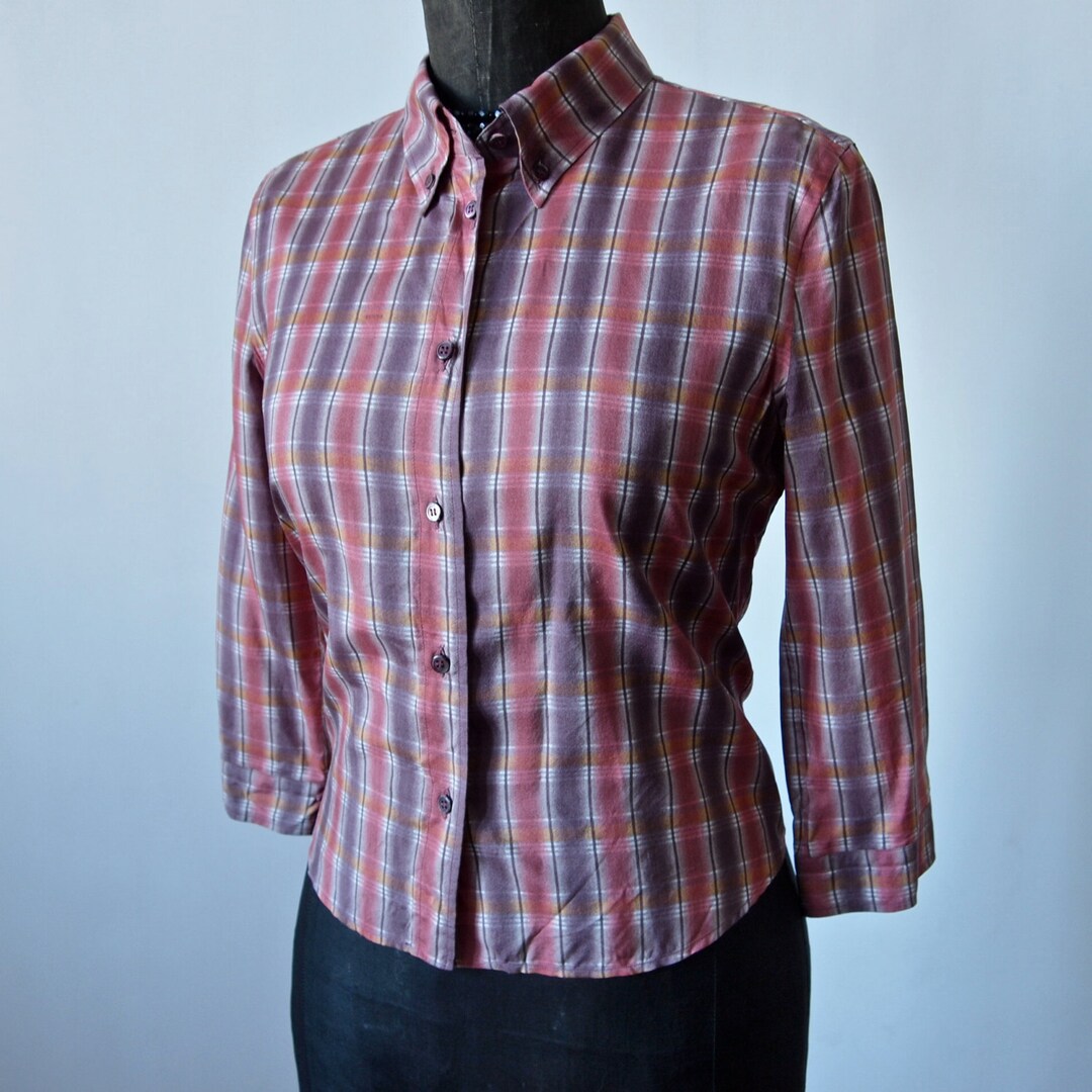 Prada Plaid Top Silk Mauve Red Yellow Button Front and Collar - Etsy