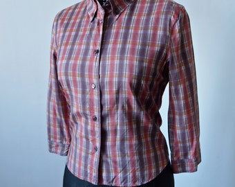 Prada Plaid Top Silk Mauve Red Yellow Button Front and Collar Preppy 3/4 Sleeves Size 40