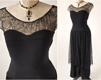 30's Long Dress Black Lace and Rayon Crepe Drop Princess Waist Peplum Ballgown Formal