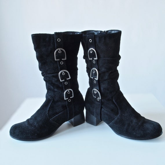 Vintage Black Suede Boots 60's Style Mid Calf Go … - image 1