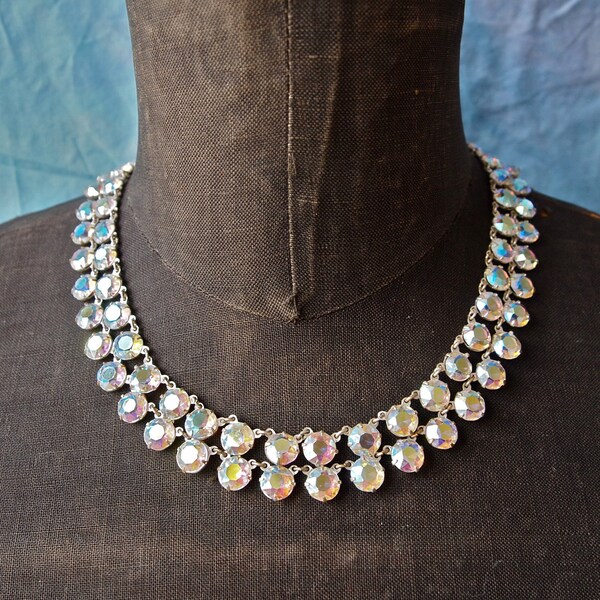 Aurora Borealis Pastel Tones Open Back Prong Set Double Strand Cleopatra Style Collar Necklace Czech Adjustable