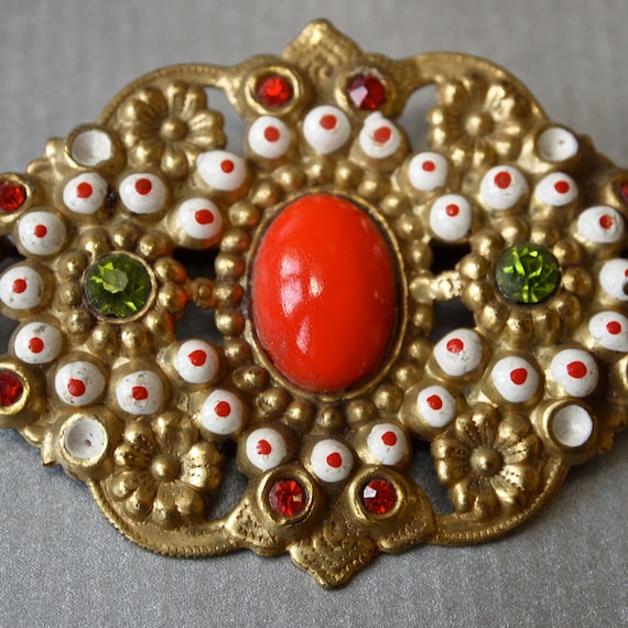 Czech Vintage Art Nouveau Brooch Brass Enamel and… - image 2