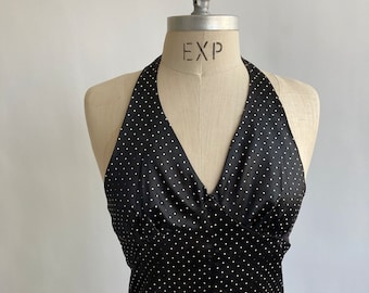 1960's/70's Young Edwardian Style Maxi Dress Black Polka Dot Satin Halter Low Back  Size XXS