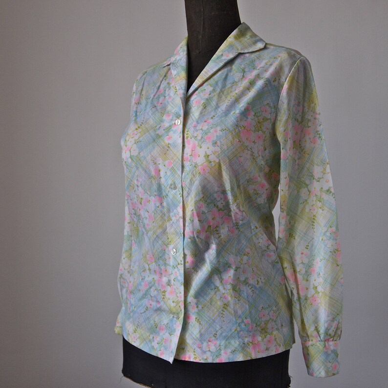 60's/70's Blouse Floral Lady Arrow Button Front Pastel and Neon Pink ...