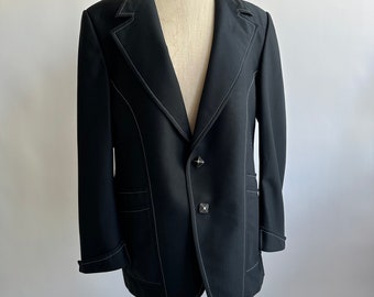 1970’s Men’s Black Polyester Sport Coat Contrasting Stitching Cuff Sleevessize L