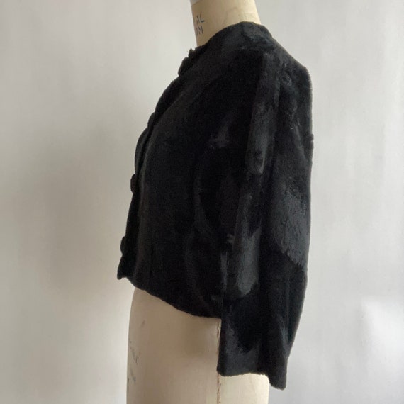 1950’s Black Cropped Bolero Jacket Faux Fur Shear… - image 2