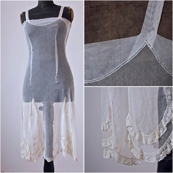Vintage 20's Flapper Lace and Mesh Slip Cream Pull