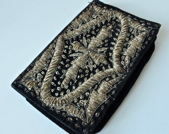 Small Black Velvet Gold Embroidered Clutch Purse Black and Gold Handbag