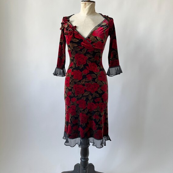 Betsey Johnson Velvet Floral Stretch 90s Dress Red Roses Ruffle Hem Size P Etsy