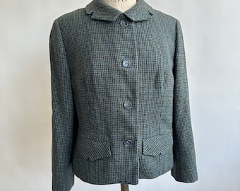 Proper English Wool Tweed Houndstooth Jacket Blue and Olive Cropped M