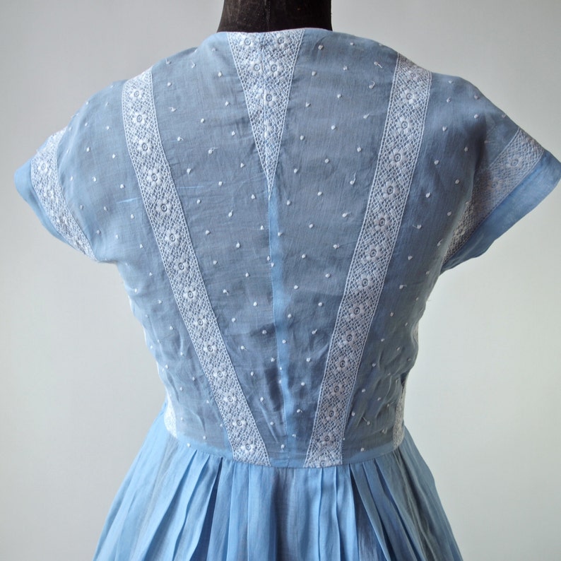 50's Periwinkle Blue Dress Sheer Cotton Voille Full Skirt Rockabilly Bride Something Blue Wedding image 5