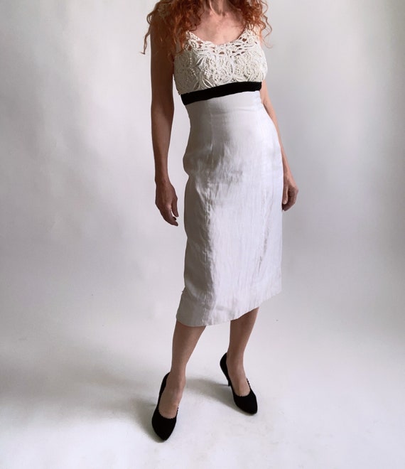 White 1950's Linen Sundress Wiggle Dress, Lace Bodice Rhinestones 27 Inch  Waist 