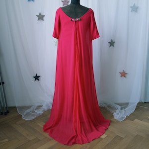 1960's Maxi Dress Fuschia Pink Chiffon 60's Prom Dress with Train Empire Waist Velvet Floral Trim image 3