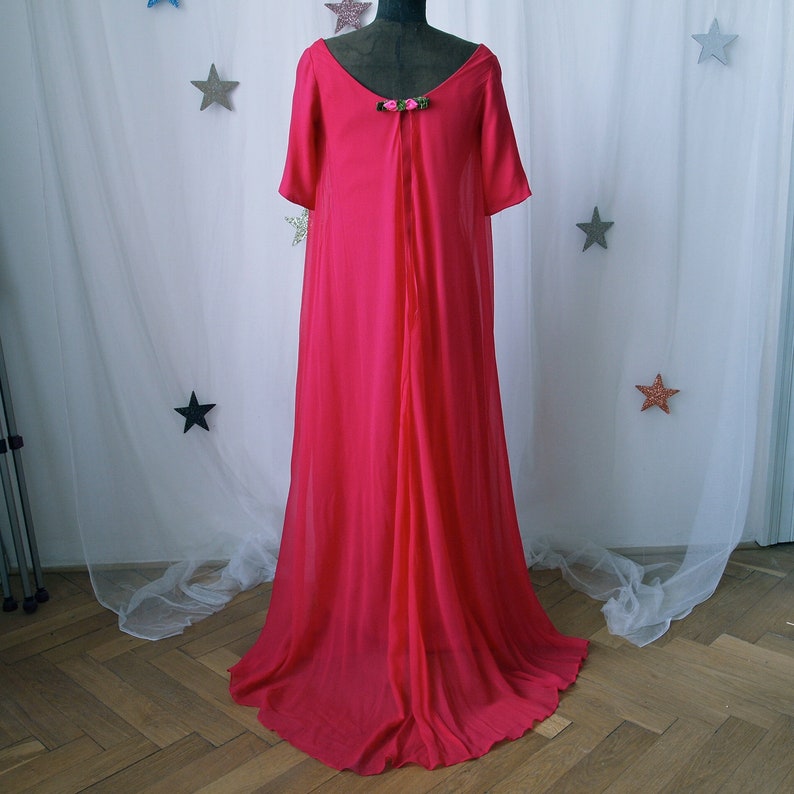 1960's Maxi Dress Fuschia Pink Chiffon 60's Prom Dress with Train Empire Waist Velvet Floral Trim image 3