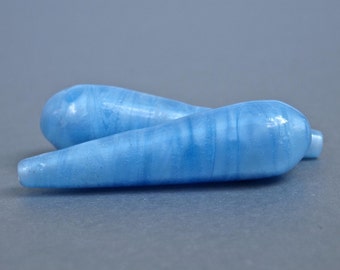 2 Czech Lamp Work Glass Blue Opaque Vintage Drilled Long Teardrop Beads 1.5 Inches 40x10cm