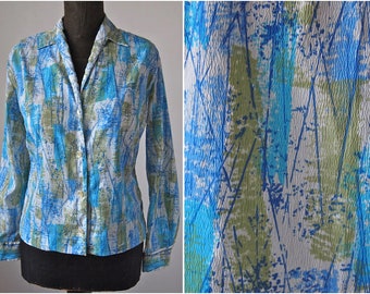 60's Blouse Blue Green Abstract Crinkle Print Donnkenny Size 14/34