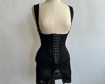 Mid century Burlesque Black Corset Girdle Waist Cincher Open Bust Size S Front and Crotch Hook Closure Ardyss
