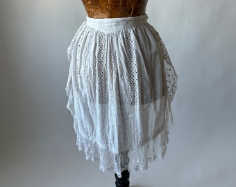 1930’s White Cotton Apron Art Nouveau Eyelet Lace Trim Hand Made Folk Costume