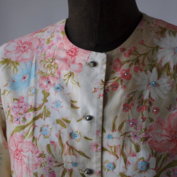 60's Blouse Malbe Cotton Floral Pink, Chartreuse … - image 2