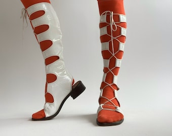 70's White Patent Gladiator Boots Lace Up Square Toe Low Heel Capezio size 7 M