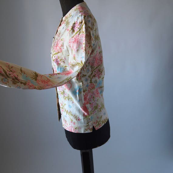 60's Blouse Malbe Cotton Floral Pink, Chartreuse … - image 6