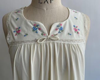 1970's Long Nightgown Cream Nylon and Pink Blue Flowers size M