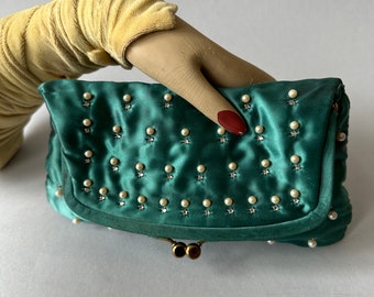 Emerald Green Satin Handbag 50’s/60's Foldover Clutch with Pearls, Rhinestones Formal Cocktail Evening Purse Ingber