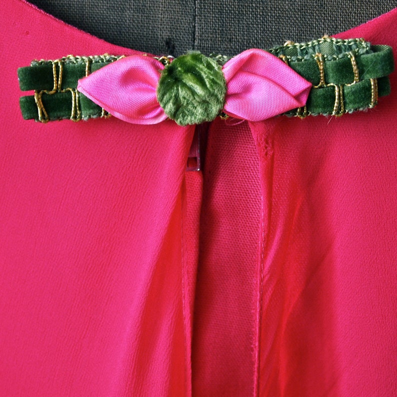 1960's Maxi Dress Fuschia Pink Chiffon 60's Prom Dress with Train Empire Waist Velvet Floral Trim image 5