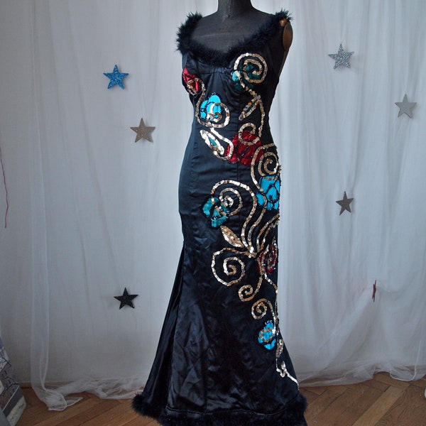 Long Vintage Dress Black Satin Fishtail Cabaret Corseted Costume Flowers Sequins Feathers  Size Small
