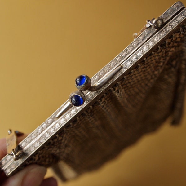 Art Deco  Purse signed Mandalian Enameled Mesh Purse with Cobalt Blue Jeweled Closure