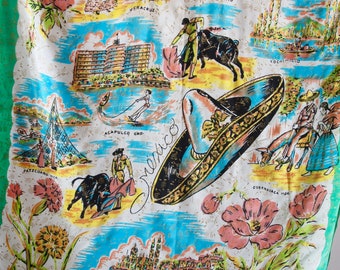 Vintage 1940's/50's Novelty Mexican Tourist Scarf Rayon