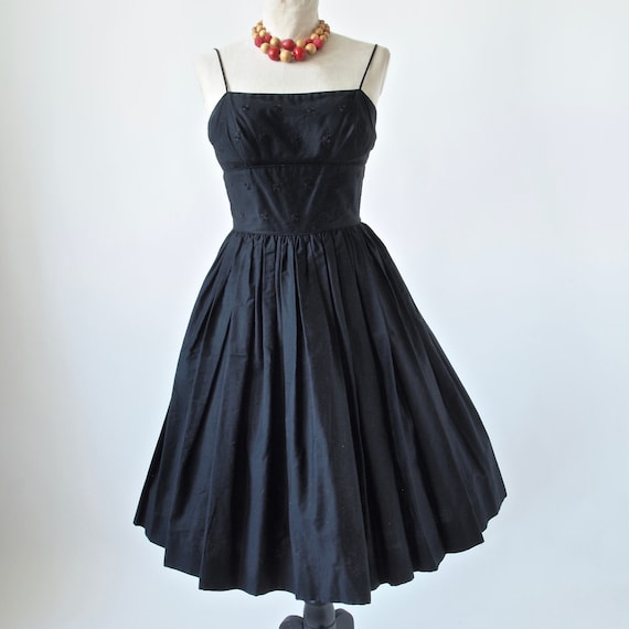 50's Rockabilly Dress Black Sateen Cotton Full Sk… - image 2