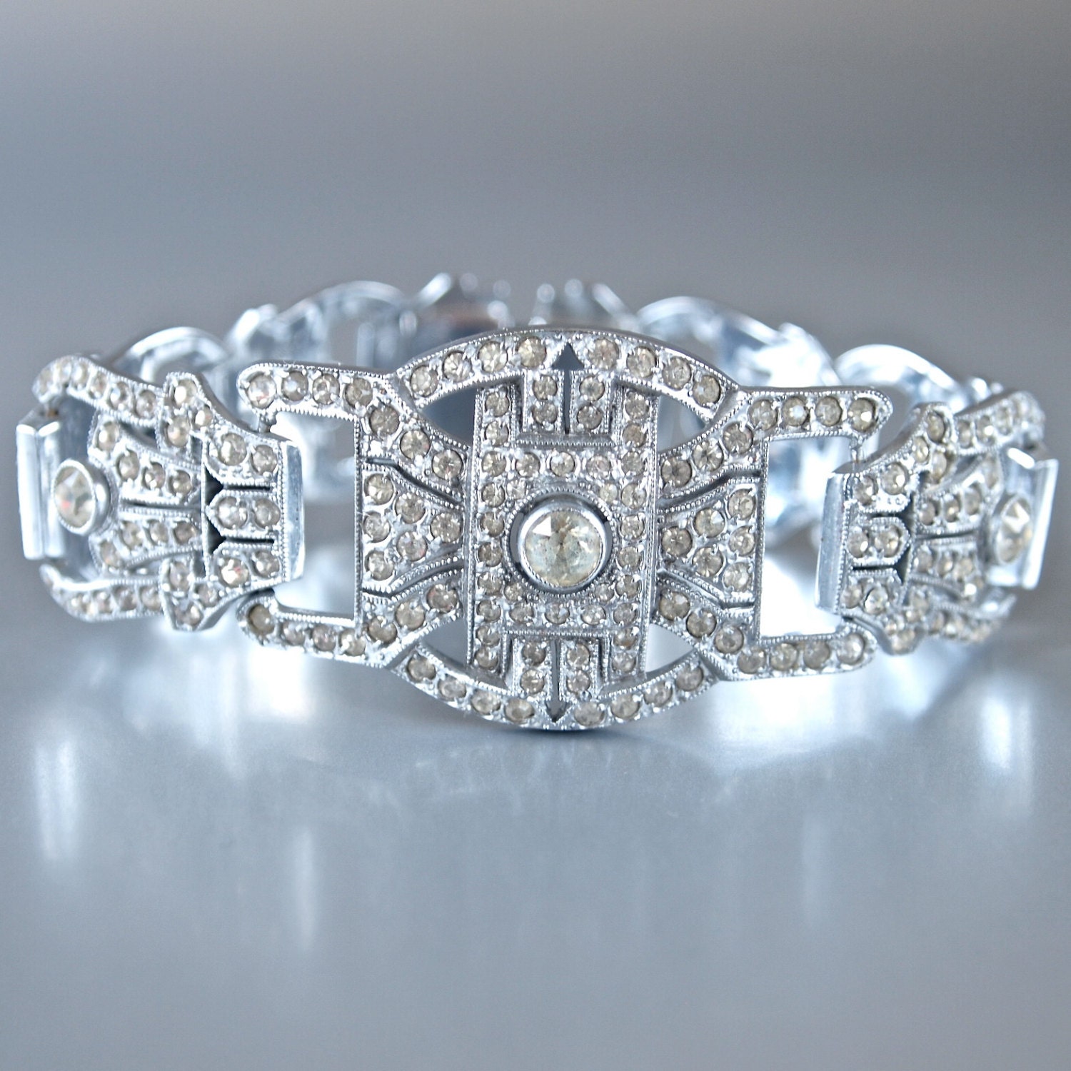 Bracelet Argenté Style Art Déco Années 1920 Avec CZ Rectangle Blanc - Modèle QD29 - Neuf Sans Emballage