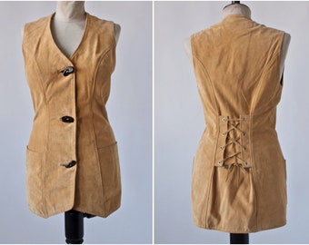 Vintage Vest Gold Suede, Leather, Lace up, Wooden Buttons size Small