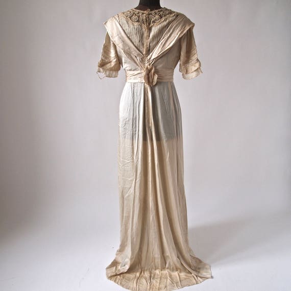 Edwardian 1910's Wedding Gown Dress Ecru Silk, Lace, Soutache Size S/XS AS IS