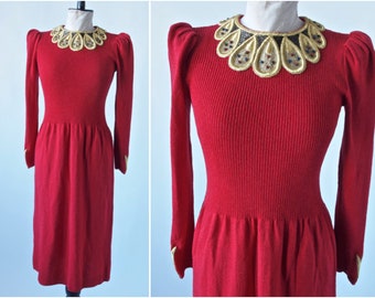 1980's Lillie Rubin Red Knit Dress Jeweled Trim size Small/Medium
