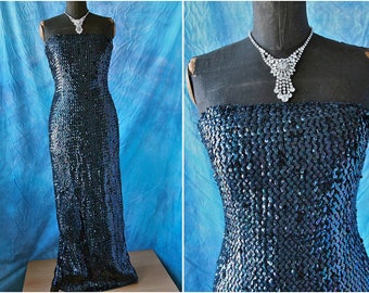 Czech Long Formal Sequin Dress Mermaid Midnight Blue Peacock Iridescent Sequin Strapless Wiggle Dress Prom Pageant Size Small