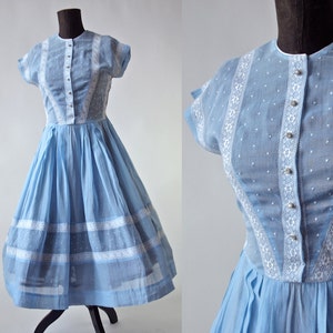 50's Periwinkle Blue Dress Sheer Cotton Voille Full Skirt Rockabilly Bride Something Blue Wedding image 1
