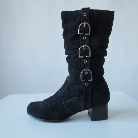 Vintage Black Suede Boots 60's Style Mid Calf Go … - image 2