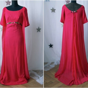 1960's Maxi Dress Fuschia Pink Chiffon 60's Prom Dress with Train Empire Waist Velvet Floral Trim image 1