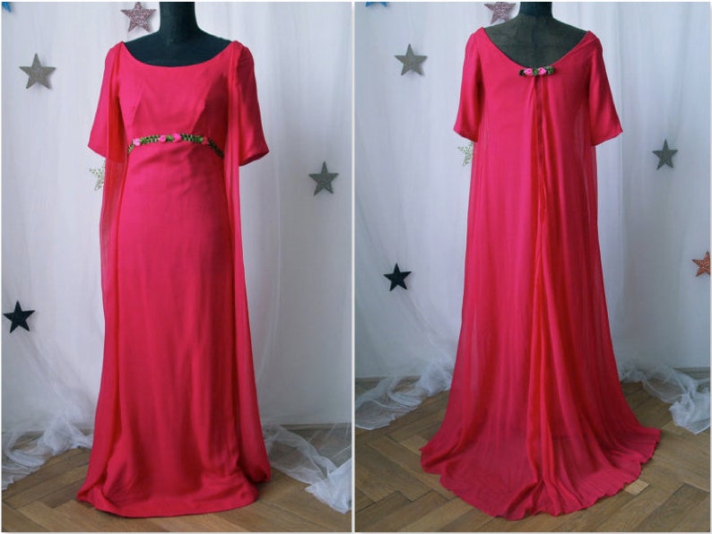 1960's Maxi Dress Fuschia Pink Chiffon 60's Prom Dress with Train Empire Waist Velvet Floral Trim image 1