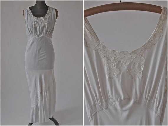 Vintage 30's/40's Nightgown Long White Lace Bias C